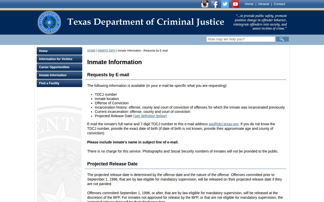 TDCJ release record information fields for Real County offenders