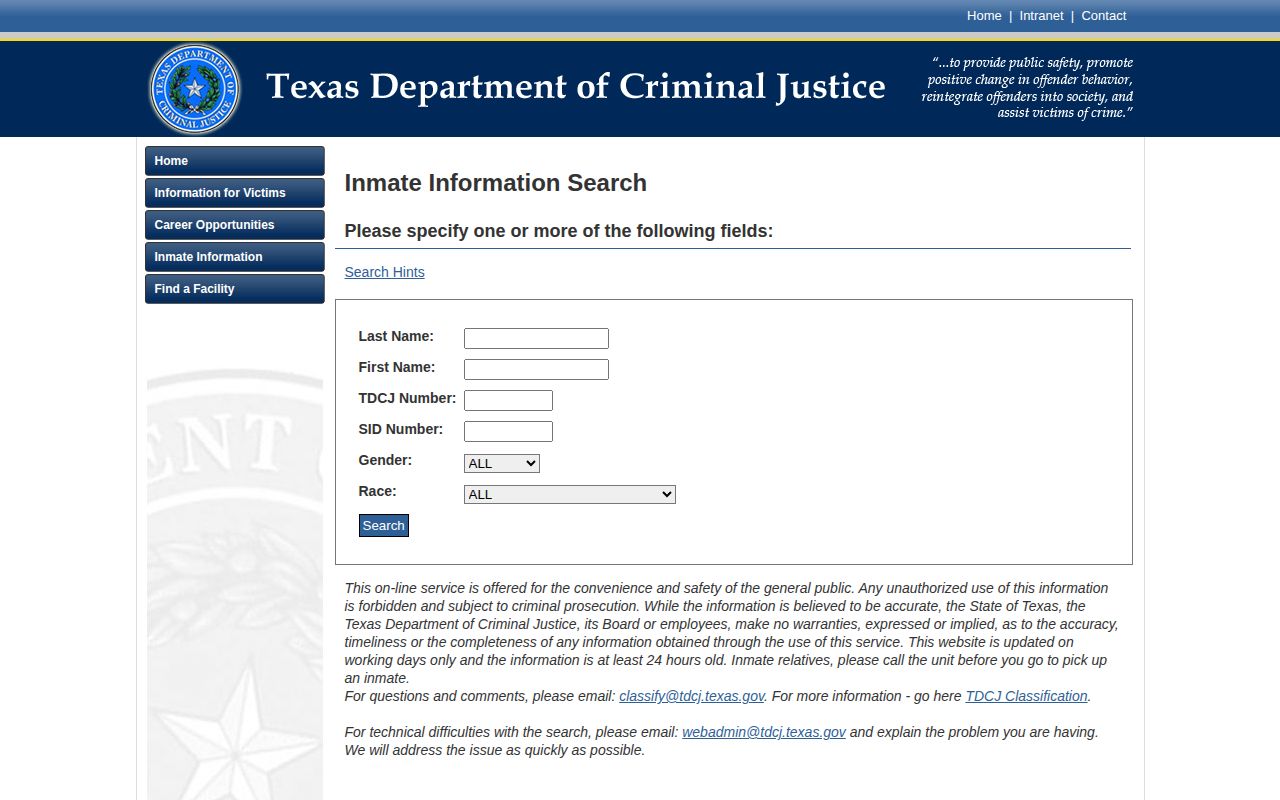 Real County released inmate TDCJ offender search fields