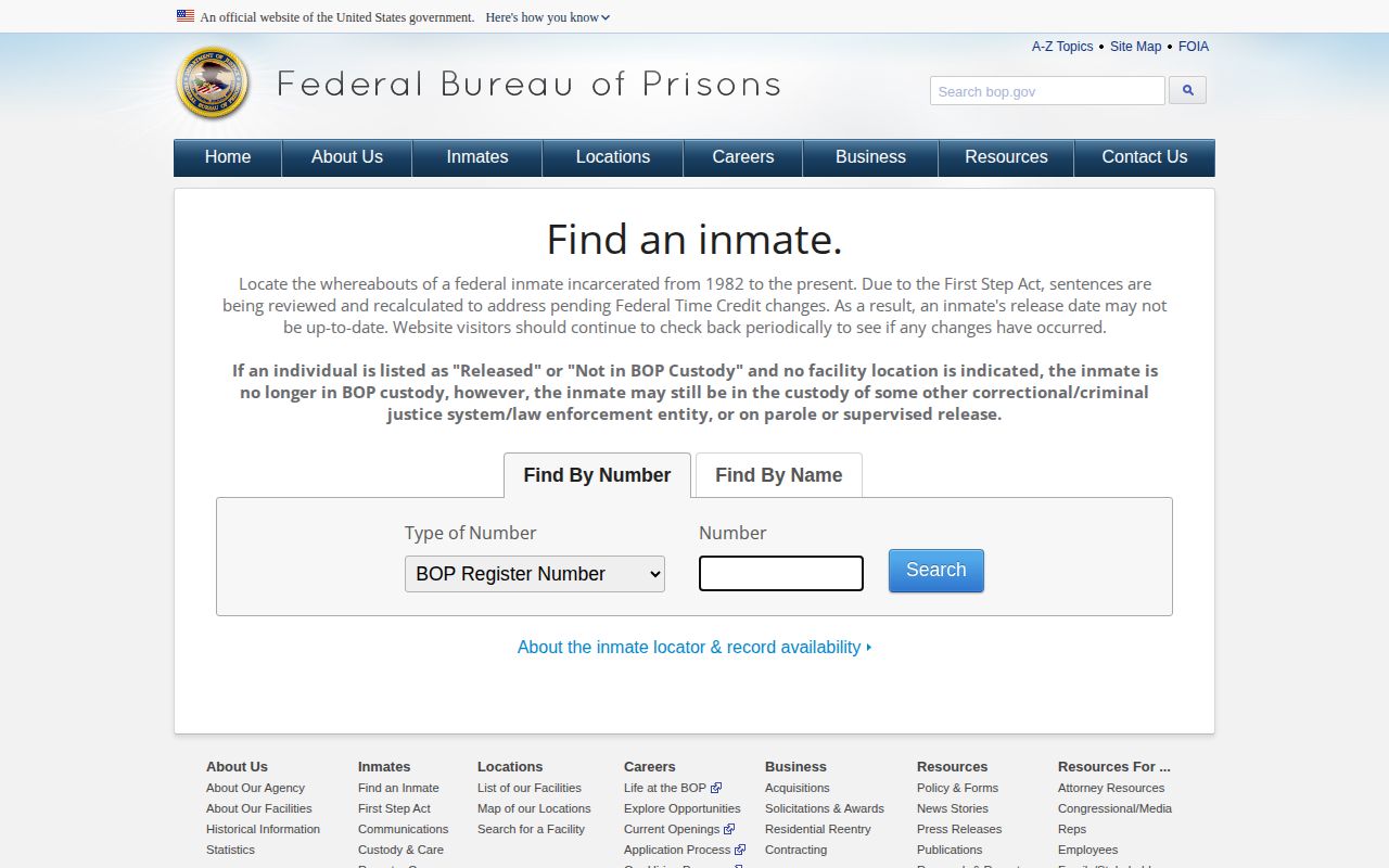 BOP federal inmate release search for Real County